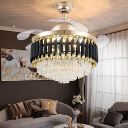 Modern ışık lüks görünmez tavan fanı lamba ev oturma odası yemek odası kristal led invertör