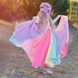 40# Dress Kids Girls Short Sleeve Rainbow Stitching Dress Princess Dress Birthday Party Dresses Kids Clothes Girls Q0716