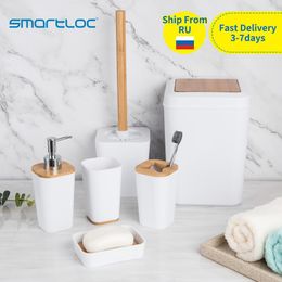 Set of 6 smartloc Plastic Bathroom Accessories Set Toothbrush Holder Toothpaste Dispenser Case Soap Box Toilet Shower Storage 210322