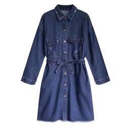 PERHAPS U Blue Denim Jeans Shirt Dress Tassel Pocket Button Long Sleeve Short Knee Length Dress Loose Sash Casual D0621 210529