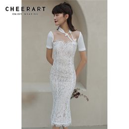 White Lace Bodycon Dress Women Elegant Vintage Patchwork Mesh Tunic Tight Short Sleeve Summer 210427