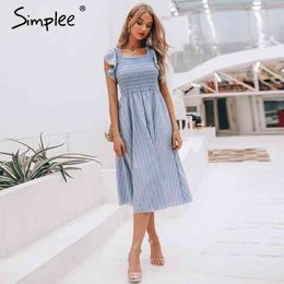 Simplee Vintage striped women long dress Ruffle linen blue elegant summer dress Casual cotton fashion female beach vestidos 210325