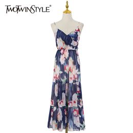 Print Casual Dress For Women V Neck Sleeveless Hit Color Pleated Mid Dresses Female Summer Clothes Stylish 210520