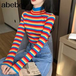 Winter Rainbow Knitted Women Sweaters And Long Sleeve Casual O-Neck Pullovers Sueter Mujer Tops Striped Turtleneck Jumper 211011