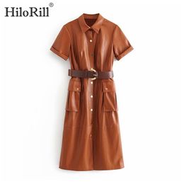 Women Streetwear Solid PU Leather Dress Pleated Short Sleeve Sashes Knee Length Dresses Turn Down Collar Pocket Vestido 210508