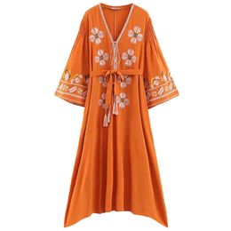Women Orange V-neck Bohemian Floral Embroidery Flare Long Sleeve Sash Beach Holiday Midi Dress Spring Summer D2421 210514