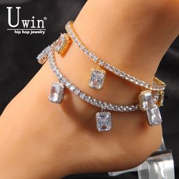 Uwin Gem With Tennis Anklet 9inch extension Chain 4mm Iced Out Link Bling Hip Hop Jewellery For Women Men