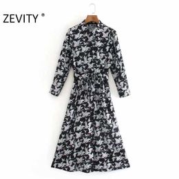 Zevity Women Fashion Crane Print Bow Sashes Shirt Dress Fall Office Lady Nine Quarter Sleeve Casual Slim Midi Vestido DS4602 210603