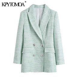 KPYTOMOA Women Fashion Double Breasted Tweed Check Blazer Coat Vintage Long Sleeve Flap Pockets Female Outerwear Chic Tops 211122