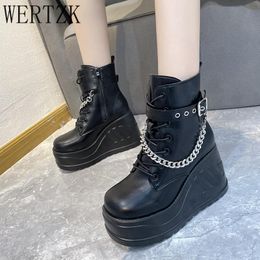 Boots Womens Platform Ankle Wedge High Heel Metal Chain Belt Buckle Shoes Lace Up Warm Winter Plus Big Size35-43 2022