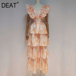 DEAT New Summer Fashion Women Clothes Ruffles Sleeveless Printed High Waist Pullover V-neck Deep Long Dress Beach WR37215L 210428