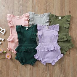 kids Clothing Sets girls boys Solid color outfits infant toddler Pit stripe Tops+ruffle shorts 2pcs/sets summer fashion Boutique baby clothes
