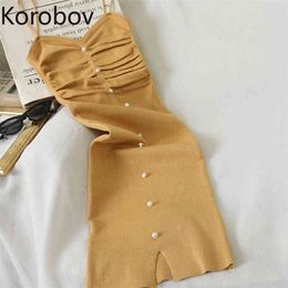 Korobov Summer Spaghetti Strap Women Dress Chic Pearls Button Knitted Female Dresses Sexy Slim Mini Vestidos Mujer 210430