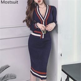 Korean Striped Knitted Two Piece Set Outfits Spring V-neck Cardigan + Pencil Skirt Suits Vintage Elegant Ladies Fashion 210513