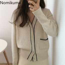 Nomikuma V Neck Long Sleeve Vintage Cardigan Contrast Colour Casual Loose Sweater Women Korean Fashion Tops Ropa Mujer 3b714 210514