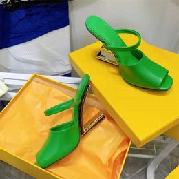 Designer T Show Slippers Women Coloured Real Leather Strange Style Heels Slides Lady High Heel Slipper Woman Big Size