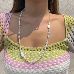 Women Pearl Mixed Colour Beaded Necklaces Retro Long Asymmetrical Sweater Chains European Female Splicing Single Neck Jewellery Accessories Gold