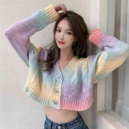 Women's Autumn Winter Rainbow Tie-Dye Colour Matching Sweater Wearing V-neck Knitted Cardigan Short Long-Sleeved Tops PL531 210506
