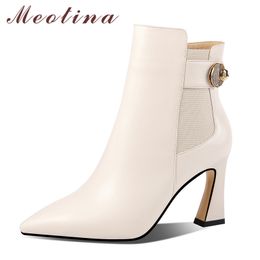 Meotina Short Boots Women Shoes Real Leather High Heel Metal Decoration Lady Boots Pointed Toe Zip Stiletto Heels Ankle Boots 210520