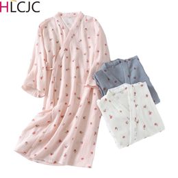 Japanese Kimono Robes for Women 100% Cotton Grepe Bathrobe Spring Autumn Sleepwear Long Sleeve Nightgown Plus Size Dressing Gown 210901