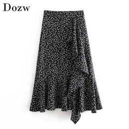 Bohemian Floral Print Midi Skirt Women Summer Sexy Split Beach s Female High Waist Elegant Ruffle Faldas Mujer 210515