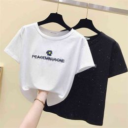 WWENN O-neck white Black Top Female Women's T-shirts Fashion Letter Embroidery Korean Casual T Shirt Women Short Sleeve T-Shirt 210507