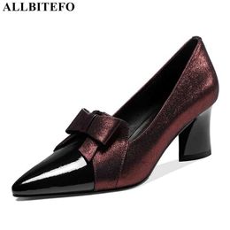 ALLBITEFO sweet bowtie genuine leather brand high heels party women shoes thick heel office ladies shoes women heels size:34-42 210611