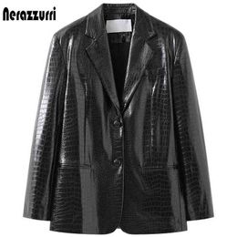 Nerazzurri Spring black reflective print leather blazer jacket for women long sleeve Soft faux leather blazer 211118