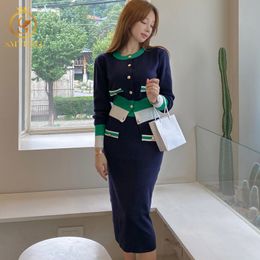 Autumn And Winter Women Single Breasted Knitted Cardigans Coats+ High Waist Skirts Sets Two Pieces Suits Outfits 210520