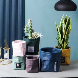 Kraft Paper Bag Shape Ceramic Flower & Plant Pot Nordic Industrial Style Colourful Succulent Planter With Hole 211130