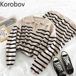 Korobov Korean Vintage Office Lady Turn-Down Collar Dress New Chic Long Sleeve Striped Dresses Autumn Winter Vestidos Femme 210430