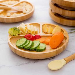 1set Baby Feeding Bamboo Bowl With Spill Proof Silicone Spoon Dinner Plate Dinnerware Toddler Infant Tableware Set 211026