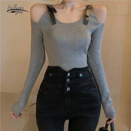 Women Exposed Clavicle Hollow Plus Size Chic Belt Stitching Long Sleeve Knitted T-shirt Fashion Solid Pullover Slim Blouse 12208 210508