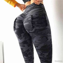 2021 Camouflage Sports Pants with Pocket High Waist Yoga Leggings Women Scrunch Butt Workout Fitness Trousers Gym Running Tights H1221