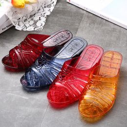 Fashion Trend 2021 Four Seasons Comfort High Heel Men's And Women's Slippers Crystal Transparent Full Plastic Hollow Chic