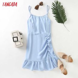 Tangada Summer Women Blue Ruffles Beach Dress Sleeveless Ladies Mini Robe DA184 210609