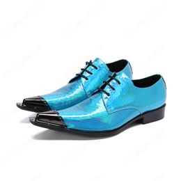 Blue Men Dress Shoes Metal Pointed Toe Genuine Leather Shoes Plus Size Business Wedding Male Party Shoe