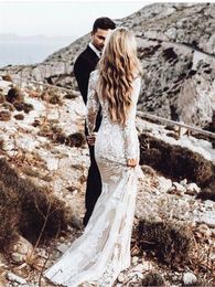 Düğün Verngo Boho Elbise Dantel Uzun Kollu Gelin Elbiseler Denizkızı Çıplak astar gelin elbisesi Beyaz Fildişi Bahar 2021 Ülke Vestidos Es