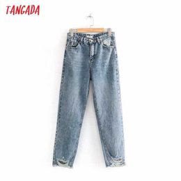 Tangada Moda Donna Jeans strappati Pantaloni lunghi Pantaloni stile Boy Friend Tasche Bottoni Pantaloni femminili 4M190 210609