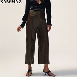women faux leather culottes Fashion Visible Seam Wide Leg Pants Vintage High Waist Side Zipper Female Trousers Mujer 210520