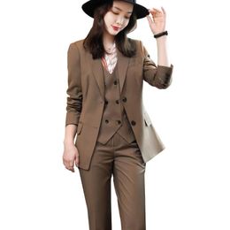 Women's Two Piece Pants High Quality Soft Women Formal Pant Suit 3 Set Brown Office Ladies Female Business Work Blazer Jacket Vest And Trous