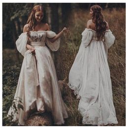 Schulterfreies Prinzessin-Hochzeitskleid, herzförmig, appliziert, Puffärmel, Brautkleider, A-Linie, rückenfrei, Boho-Hochzeitskleid288Z