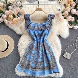 Women Fashion Sexy Sweet Retro Print Slash Neck Slim Mini A-line Dress Clothes Party Korean Vestidos De Mujer S364 210527