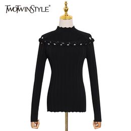 TWOTWINSTYLE Twist Hollow Out Slim Sweater For Women Turtleneck Long Sleeve Black Chic Knitted Tops Female Fashion Clothing 210517