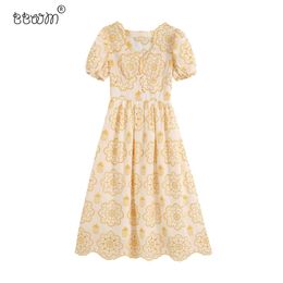 Women Sweet Fashion Floral Embroidery Buttons Midi Dress Vintage Female Puff Sleeves Dresses With Lining Vestidos Mujer 210520
