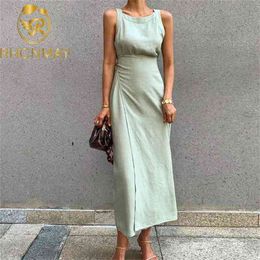 Summer Casual Women Vintage Strap O-neck Sleeveless Long Dress Bandage Green Party Beach Holiday Clothes 210506