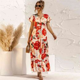 Women Boho Maxi Dress Summer V Neck Floral Print Lace Up Button Long Dresses Fashion Short Sleeve Ruffles Beach Female Robe 210522
