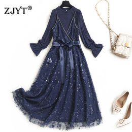 Europe Fashion Spring Robe Women Designers Flare Sleeve Knitted Top and Strap Sequined Mesh Dress 2 Piece Set Party Vestidos 210601