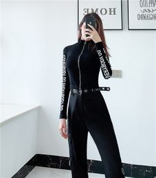 New women's fashion design stand collar zipper front letter print long sleeve bodycon tunic sports casual t-shirts SMLXL