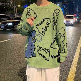 Spring and Autumn Dinosaur Cartoon Pattern Knitted Sweater Japanese Colour Couple Loose Round Neck Sweater men clothes 211221